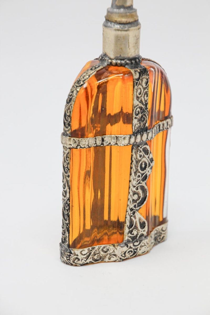 Moroccan Glass Perfume Bottle Sprinkler with Metal Overlay