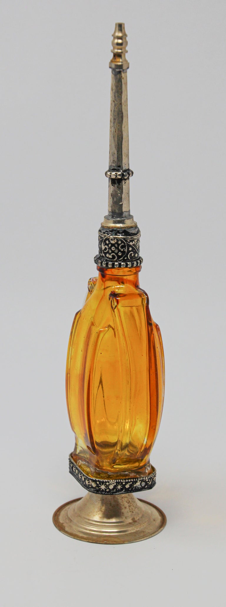 Moroccan Amber Footed Glass Perfume Bottle Sprinkler with Embossed