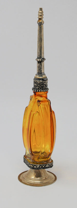 Moroccan Amber Footed Glass Perfume Bottle Sprinkler with Embossed Metal Overlay