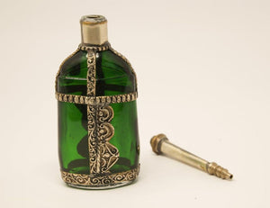 Moorish Green Glass Perfume Bottle Sprinkler with Embossed Metal Overlay