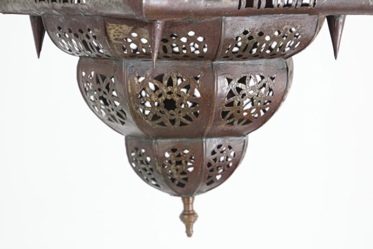 Vintage Moroccan Moorish Bronze Metal & Multicolor Glass Hanging Lantern