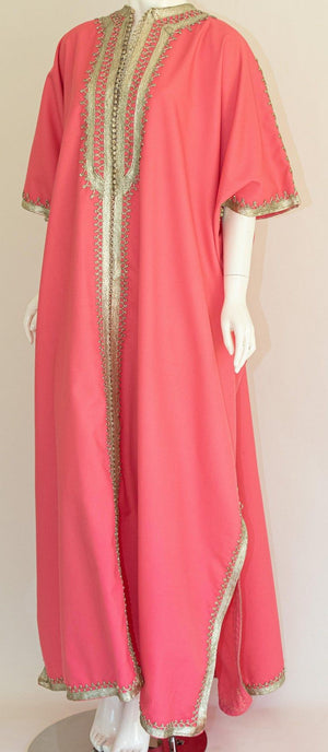 Moroccan Caftan Pink Color with Silver Trim, Vintage Kaftan circa 1970