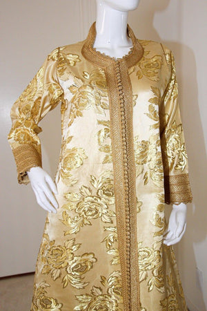 Moroccan Caftan Gold Damask Embroidered, Vintage, 1960s