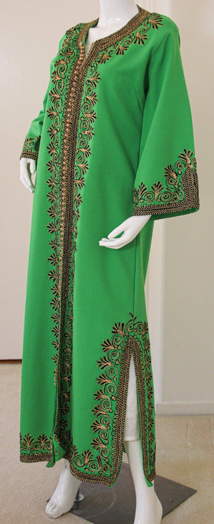 Vintage Moroccan Kaftan Green Maxi Dress circa 1970 Size L