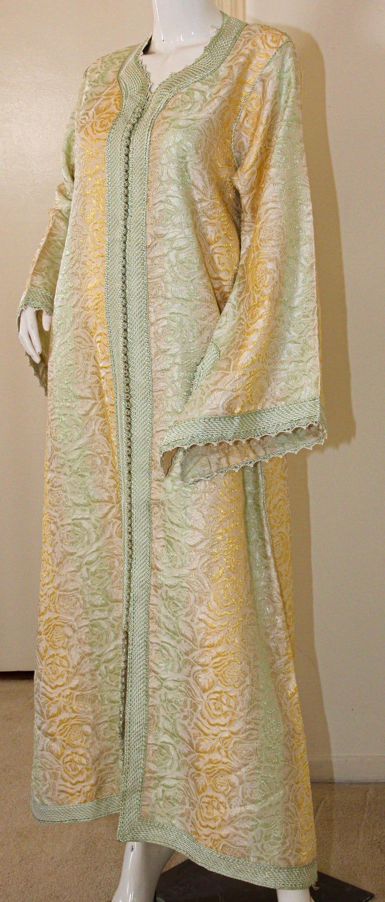 Vintage Moroccan Kaftan, Gold and Sage Damask Embroidered, ca. 1970s