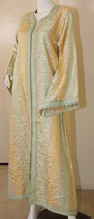 Vintage Moroccan Kaftan, Gold and Sage Damask Embroidered, ca. 1970s