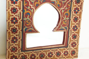 Vintage Moroccan Mirror Hand Painted with Red and Amber Moorish Design