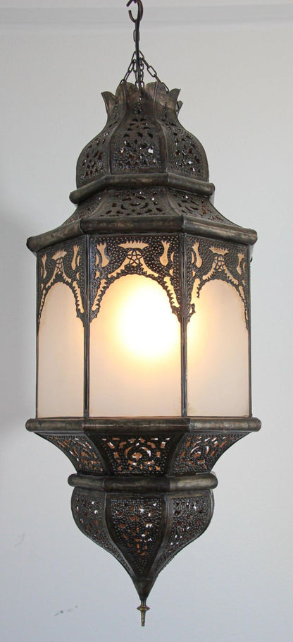 Moroccan Moorish Hanging Metal Lantern with Milky Glass