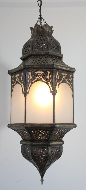 Moroccan Moorish Hanging Metal Lantern with Milky Glass