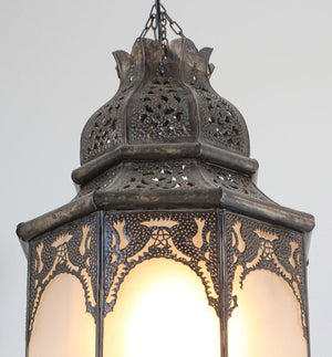Moroccan Moorish Hanging Metal Lantern with Milky Glass