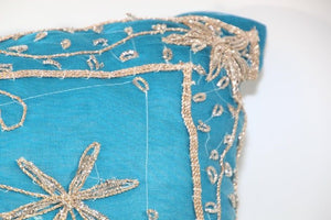 Moorish Throw Pillow Turquoise Embellished with Sequins and Beads