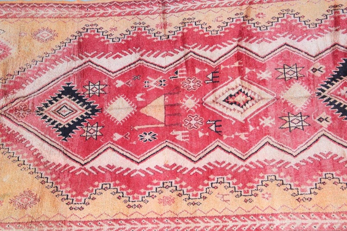 Vintage Moroccan Berber Rug in Saffron, Coral and Black, 71 x 145 in, 1960s