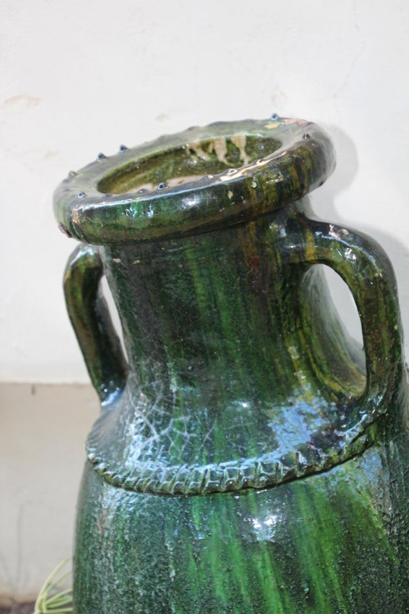 Vintage Moroccan Tamgroute Green Olive Jar with Handles