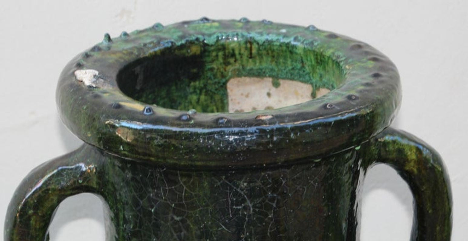Moroccan Vintage Tamgroute Green Olive Jar with Handles