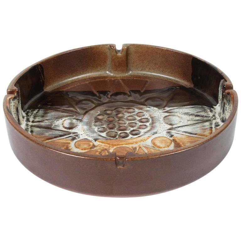 Large Vintage Brown Round Ceramic Ashtray