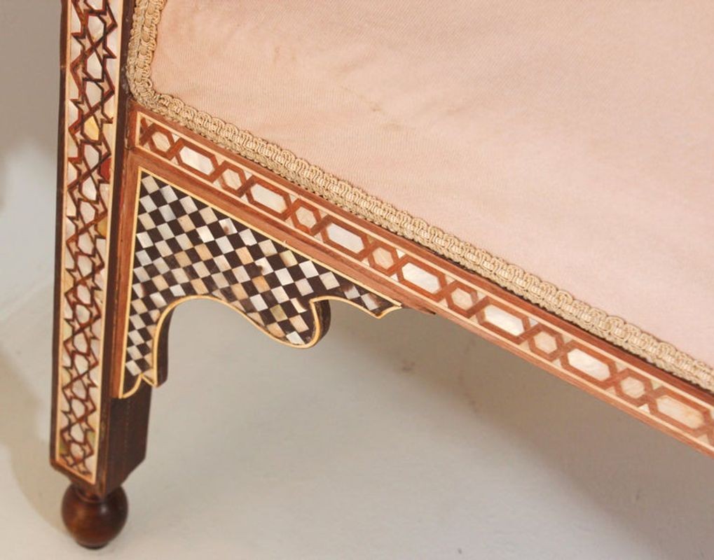 Antique Moroccan Benches with Mosaic White Shell Inlay a Pair