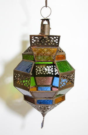 Handcrafted Moroccan Metal and Multi-Color Glass Lantern Octagonal Diamond Shape