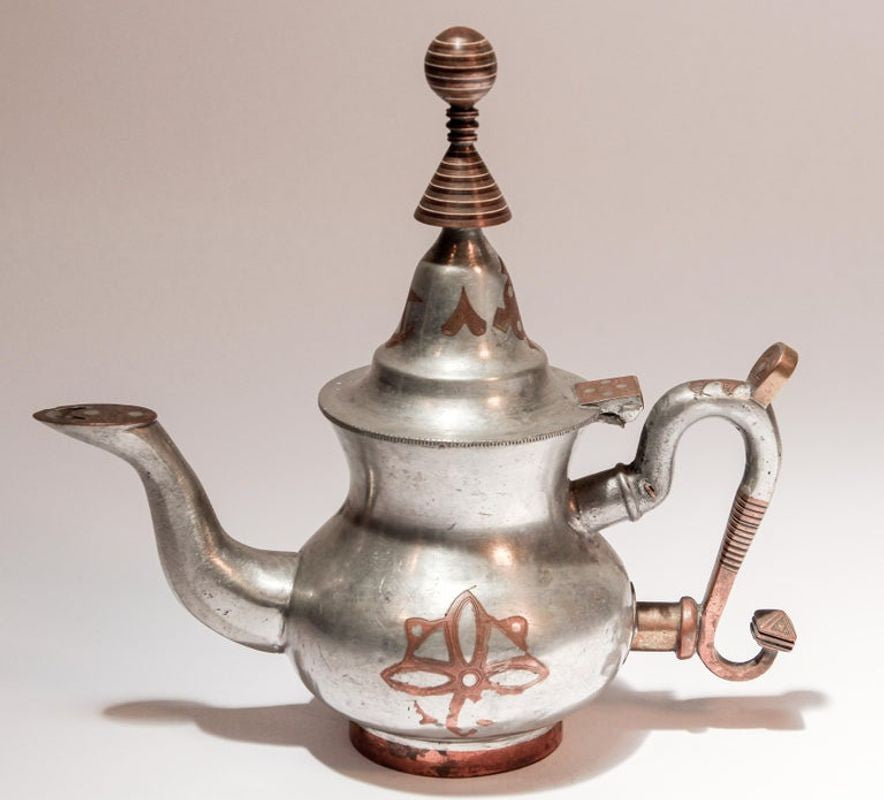 Handcrafted Tuareg Tea Pot, Pewter with Brass & Copper, 1950s