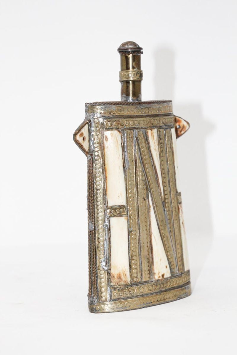 Moroccan Berber Tuareg Brass Powder Flask, Hand-Carved Folk Art, 1920