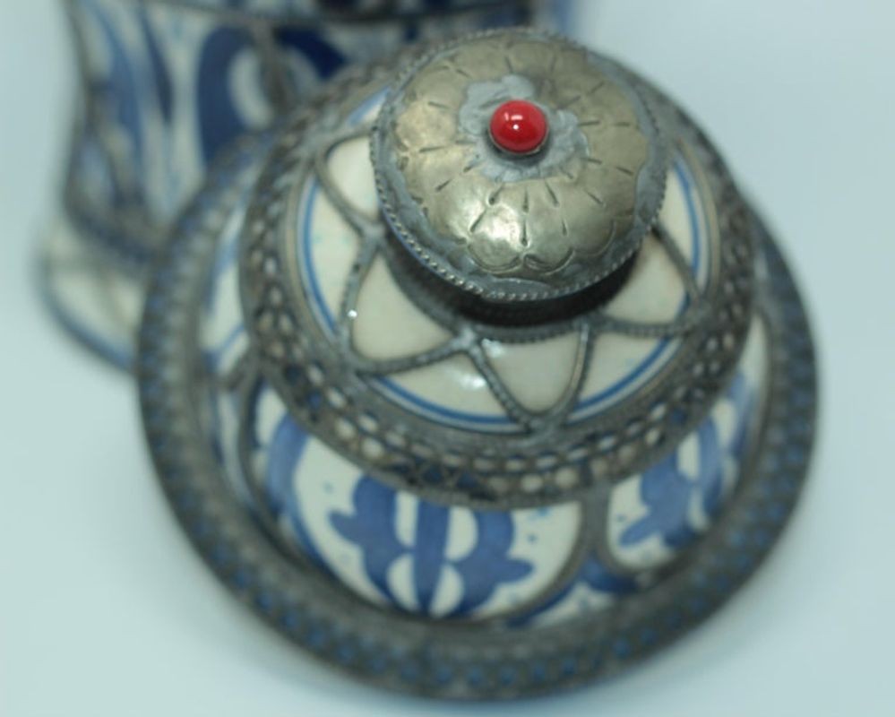 Moroccan Ceramic Vase from Fez Blue and White with Silver Filigree