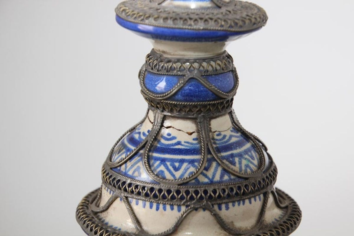 Antique Moroccan Ceramic Candlestick from Fez with Silver Filigree