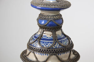 Antique Moroccan Ceramic Candlestick from Fez with Silver Filigree