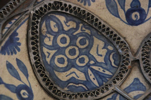 Moroccan Ceramic Blue Bowl Adorned with Silver Filigree from Fez Antique 1920s