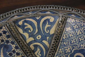 Moroccan Blue Ceramic Dish Bowl Adorned with Silver Filigree from Fez