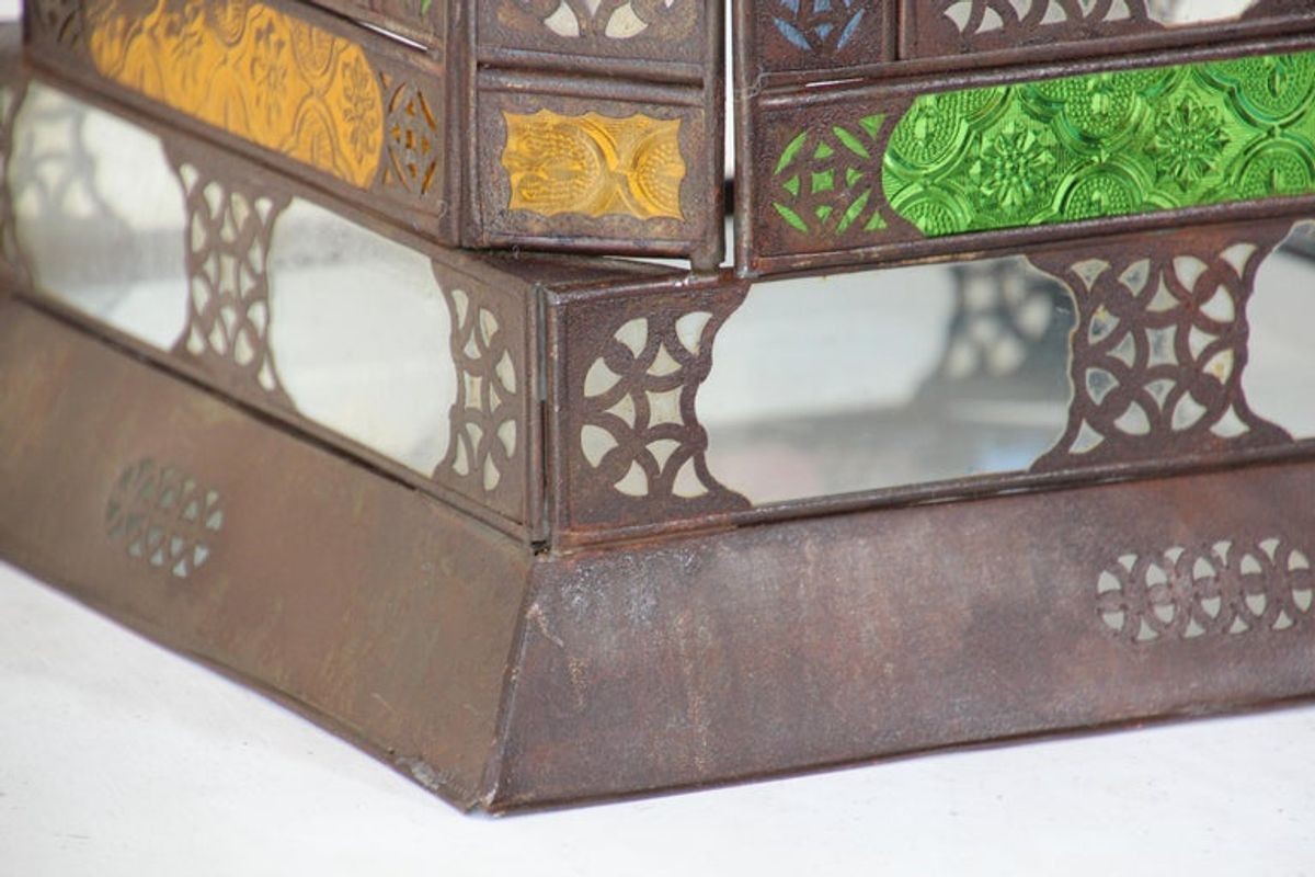 Moroccan Metal Lantern with Multicolor Glass