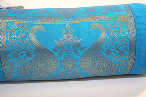 Bolster Pillows Turquoise Blue and Gold Colors with Peacock - A Pair