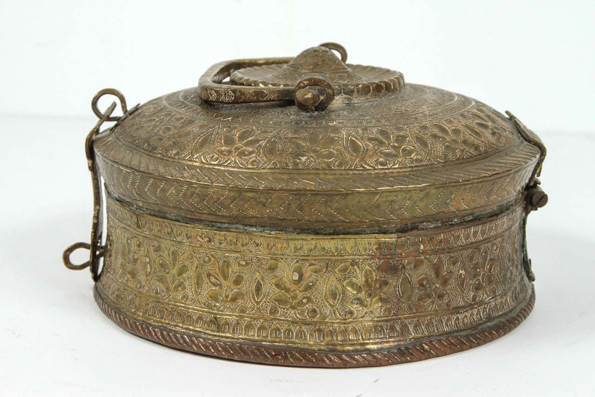 Asian Antique Brass Betel Nut Pandan Box with Lid, Northern India 19th C.