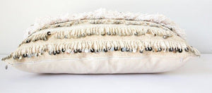 Vintage Moroccan White Pillow with Silver Sequins and Long Fringes