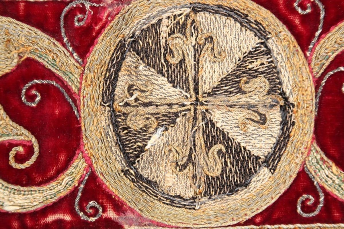 Antique Silk Velvet Lumbar Pillow with Metallic Gold Threads