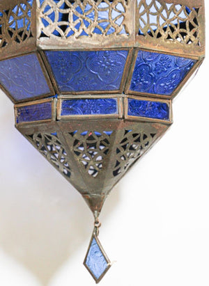 Handcrafted Moroccan Blue Glass Lantern Metal Octagonal Diamond Shape