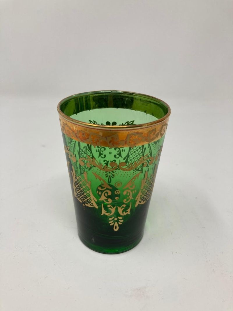 Set of Six Handblown Moorish Green and Gold Tea Glasses