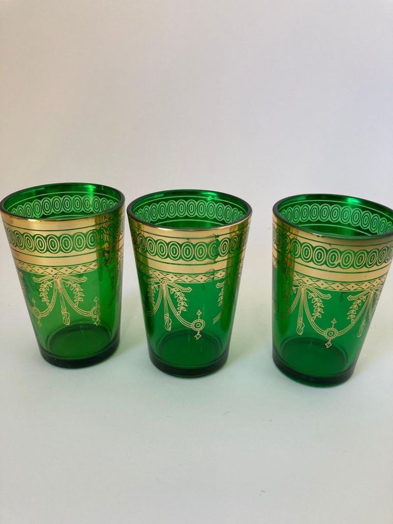 Set of Six Handblown Moroccan Moorish Green and Gold Glasses