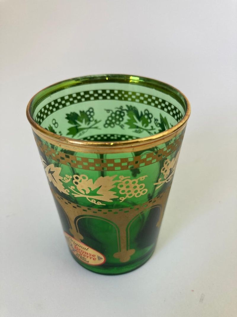 Set of Six Handblown Moroccan Green and Gold Glasses