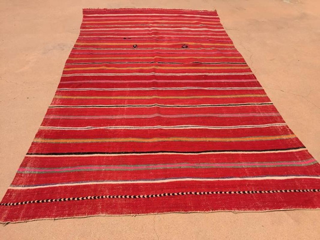 Vintage Moroccan Berber Kilim Rug in Burgundy, Pink and Orange Stripes, 1960s
