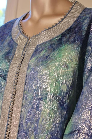 Moroccan Moorish Caftan Maxi Dress Brocade Aquamarine Blue and Silver Size M L