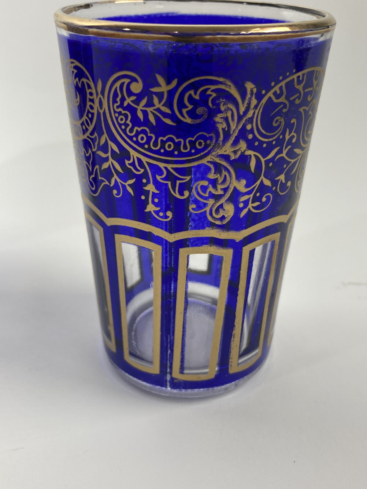 Moroccan Royal Blue Shot Glasses Set of Six, Gold Moorish Design, 1980