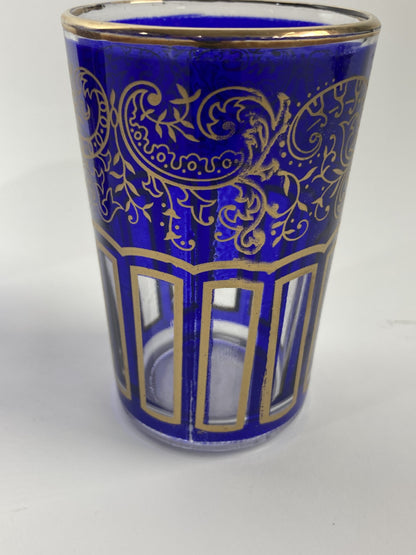 Moroccan Royal Blue Shot Glasses Set of Six, Gold Moorish Design, 1980