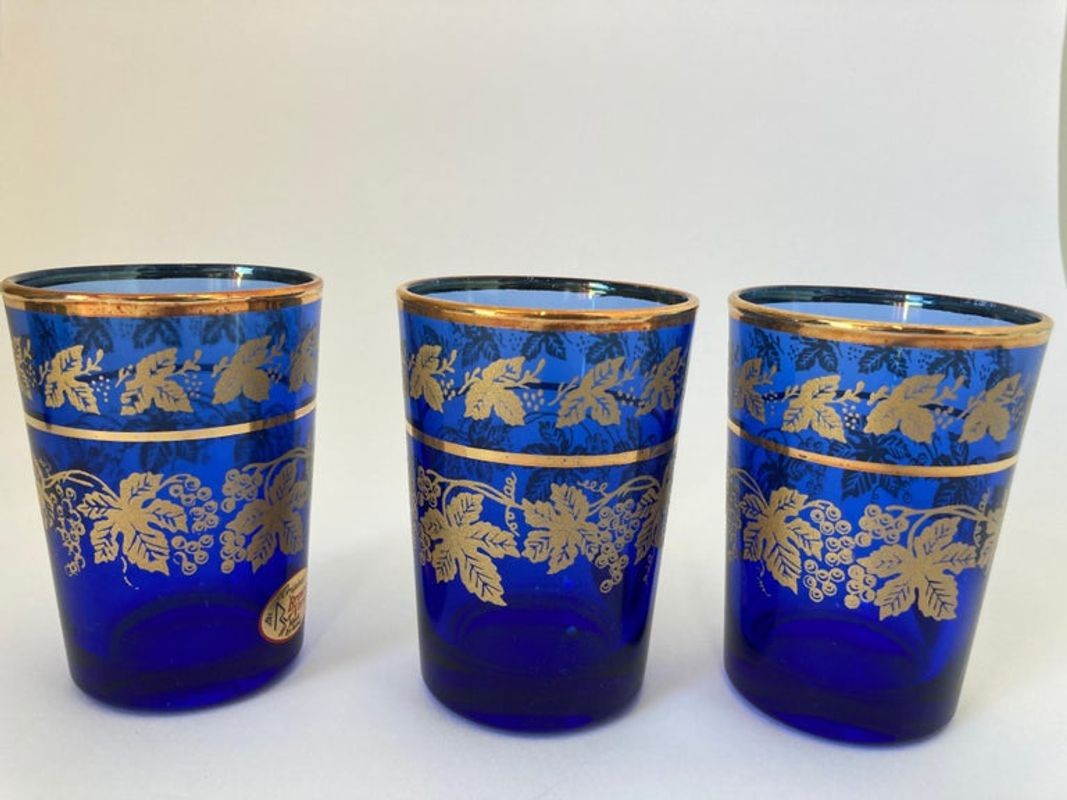 Set of Six Handblown Moorish Blue and Gold Glasses
