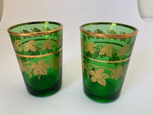 Set of Six Handblown Italian Moorish Green with Gold Shot Glasses
