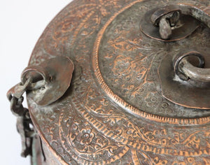 Large Decorative Indian Mughal Round Copper Box with Lid