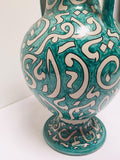 Large Moroccan Glazed Ceramic Vase With Arabic Calligraphy Turquoise Writing Fez