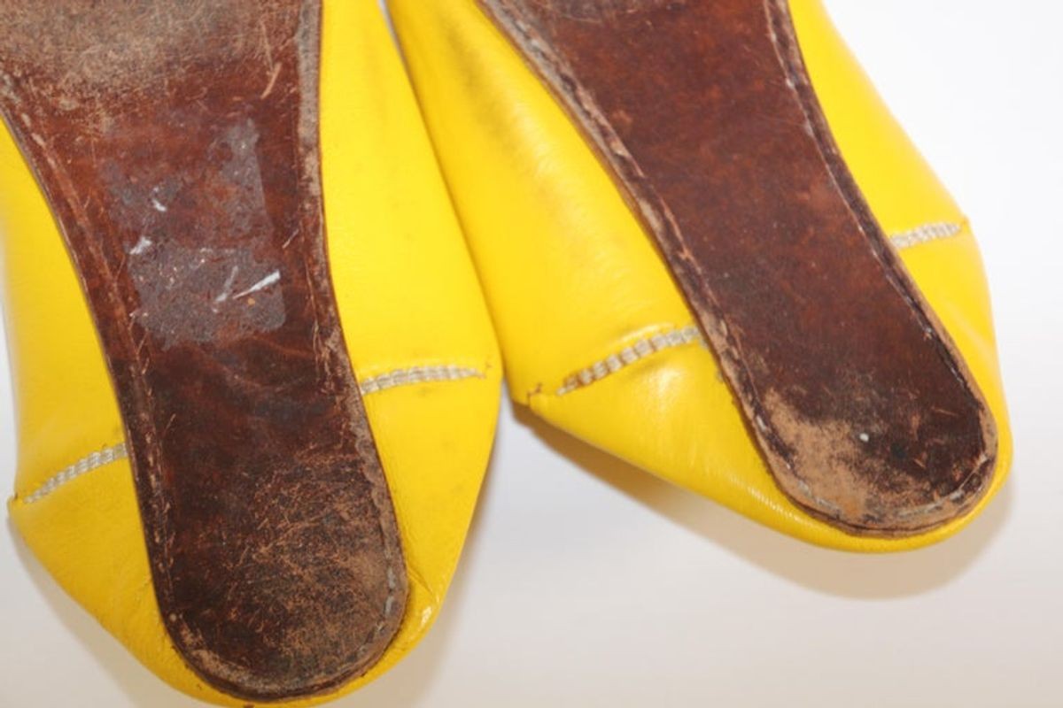 Moroccan Hand Tooled Yellow Leather Slippers Pointed Shoes