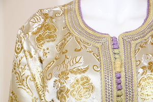 Moroccan Vintage Caftan in Gold Metallic Brocade, Maxi Gown Dress Kaftan