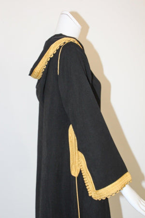 Vintage Moroccan Caftan, Hooded Black and Gold Trim Kaftan Circa 1970's