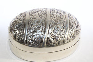 Asian Handcrafted Oval Betel Box in Metal Silvered