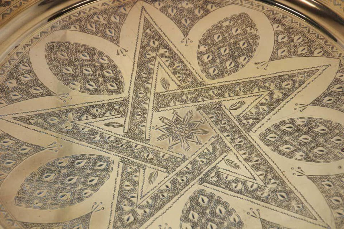 1900s Moroccan Brass Tray Star Etched Collectible Polished Platter